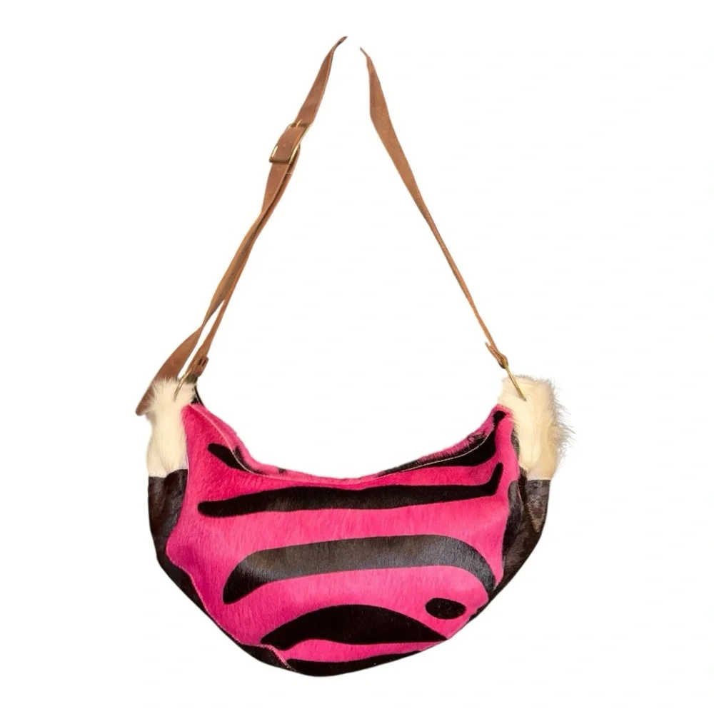Fur-On Cowhide Western Shoulder Bag Pink & Black Zebra Print w/Leather Strap BP4